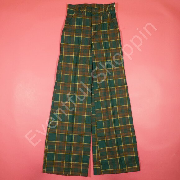 Vintage 1970s Polycotton High Rise Wide Leg Pants in Green Plaid Size 28… - Picture 2 of 6